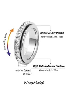 Anxiety Relief Rotating Ring, Stress Rings, Stress Reduction Artificial Zircon Wedding Promise Ring, Lucky Comfortable Wear, Size 6-10