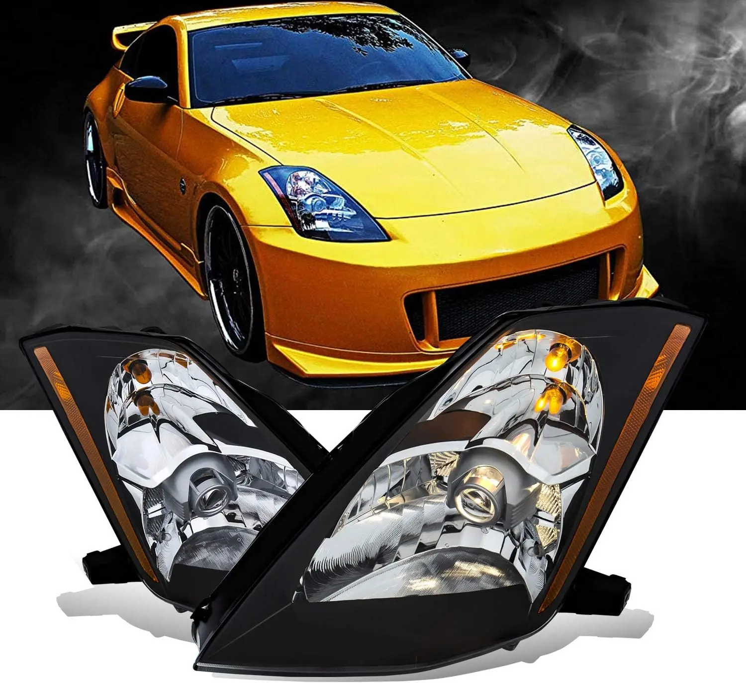 AmeriLite for 2003-2005 Nissan 350Z [Halogen Type] Black OE Replacement Projector Headlights Pair - Driver and Passenger Side