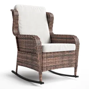 Outdoor Wicker Rocking Chair with Cushions, All Weather Patio Rocker Chair with High Back and Wide Armrests, Handwoven Rattan Rocker for Porch Backyard Balcony Garden Deck, Ergonomic Outdoor Lounge Chair with Washable Covers
