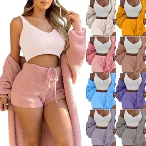 Cozy 3-Piece Fuzzy Lounge Set – Women’s Soft Velvet Cardigan, Crop Vest & Shorts Pajama Set