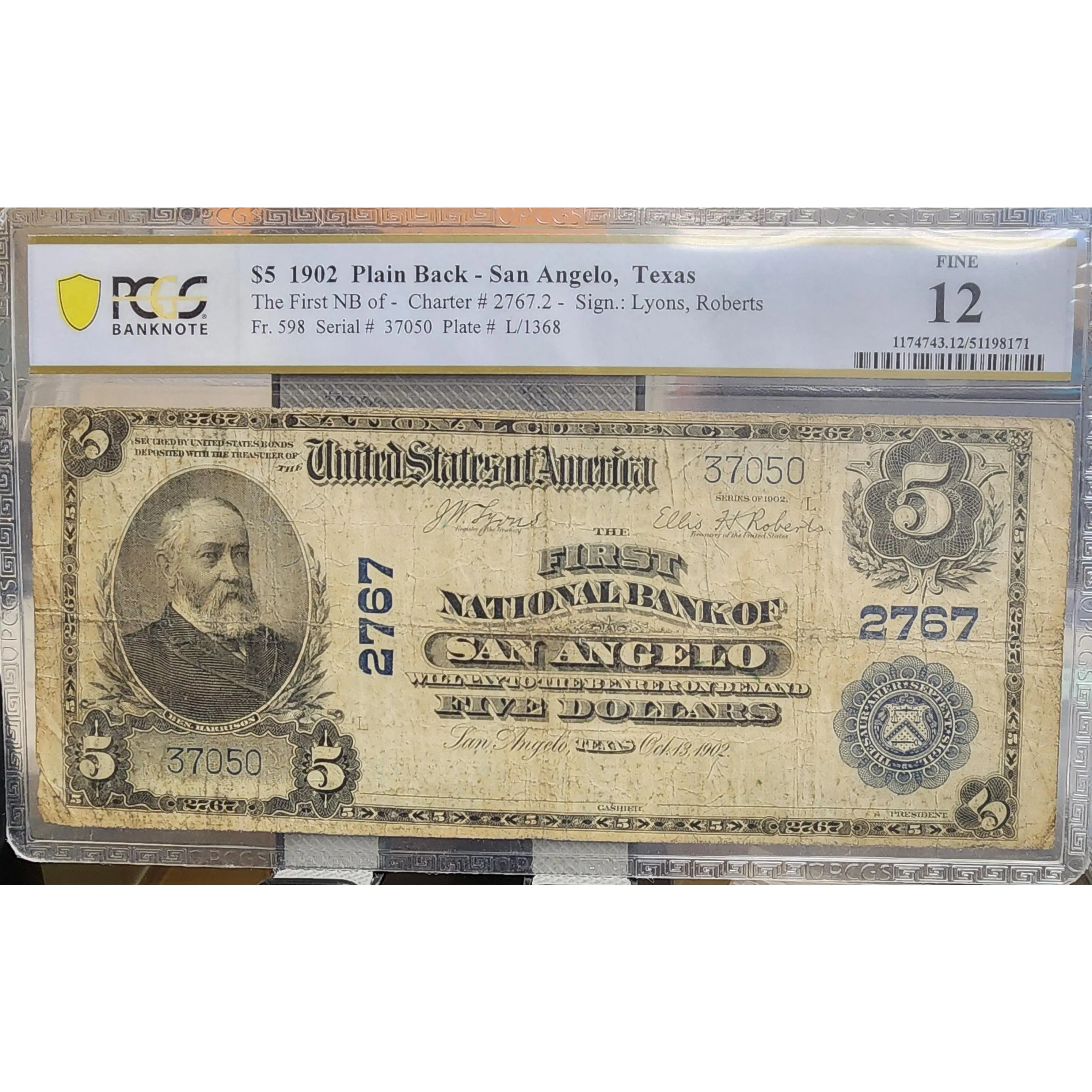 1902 $5 National Bank Note, San Angelo, TX, PCGS F-12, Store Sale #NBN018.