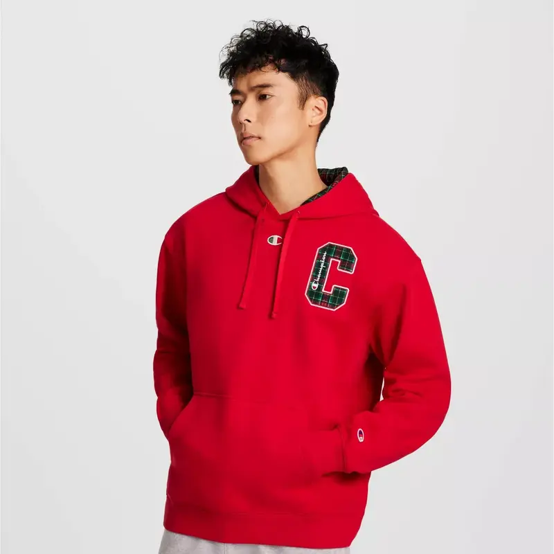 Champion Men's Hooded Cotton Long-Sleeve Top - Festive Embroidered C-Hood Plaid Vibe, Midweight Fleece Pullover, Varsity Menswear Basic Fabric Garment, Plaid Applique, Kangaroo Pocket, Ribbed Trim, All Seasons