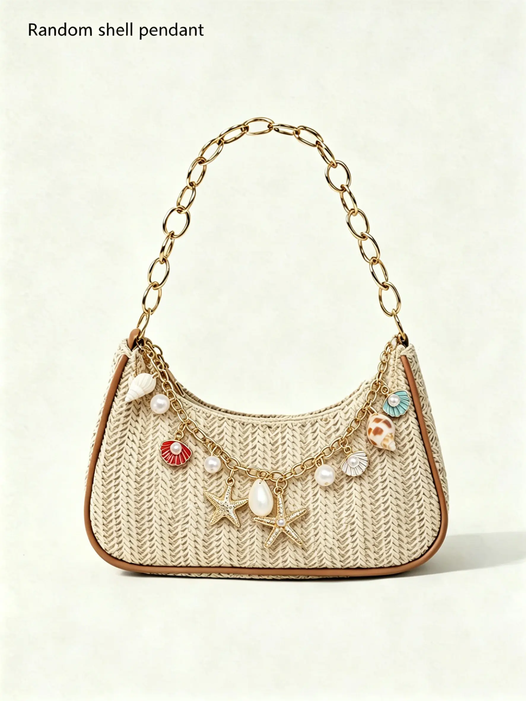 Beach vacation style straw woven crossbody shoulder bag, Fashionable casual bag, starfish shell pearl decoration, chain shoulder strap design, beige straw woven color matching, essential for daily commuting and going out on the street