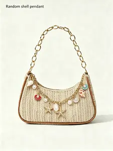 Beach vacation style straw woven crossbody shoulder bag, Fashionable straw bag, starfish shell pearl decoration, chain shoulder strap design, beige straw woven color matching, essential for daily commuting and going out on the street