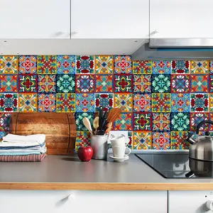 20 Sheets Colorful Mandala Pattern Decorative Tile Stickers, PVC Waterproof Wall Stickers for Kitchen Backsplash & Floor Decoration, Kitchen Bathroom Decoration