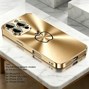 Minimalist Business Gold Metal Texture Line Print Apple Pattern Electroplated Glass Phone Case with Lens Protection for iPhone16/16Pro/16ProMax/16Plus, 15/15Plus/15Pro/15ProMax, 14/14Plus/14Pro/14ProMax,13/13Pro/13ProMax, 12/12Pro/12ProMax,11/11Pro/1