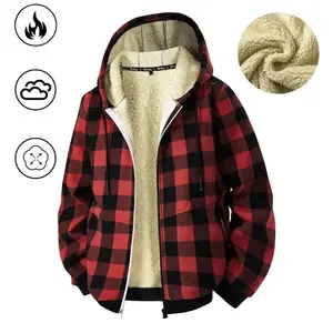 Men’s heavy-weight winter fleece hooded jacket with full-zip and fleece lining, plaid pattern for warmth and style, classic menswear design
