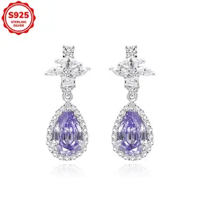 Pair of purple stud earrings, French elegance style, S925 silver set with 2.5 carat synthetic gemstones, banquet wedding accessories, festive birthday gifts