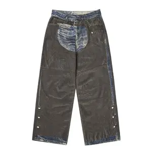 Inflation 100% Cotton Straight Leg Spliced Digital Print Jeans Height Enhancing Trendy Streetwear Niche Design Denim Pants