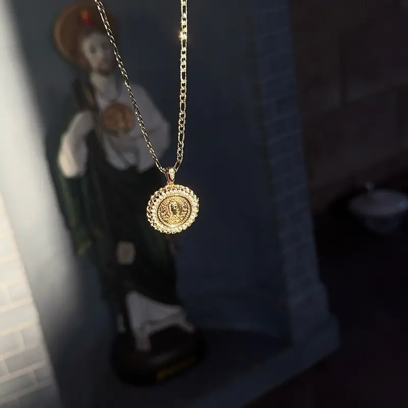 Small Gold Plated Our Lady of Guadalupe Medalla Necklace 24 Inch Chain Religious Jewelry