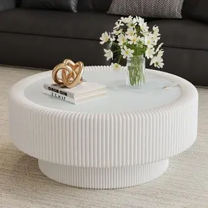 Bellemave  31.5" Fluted Round Storage Coffee Table - Tempered Glass Top & Premium Leather Wrapped, Modern  Coffee Table with Hidden Storage for Living Room