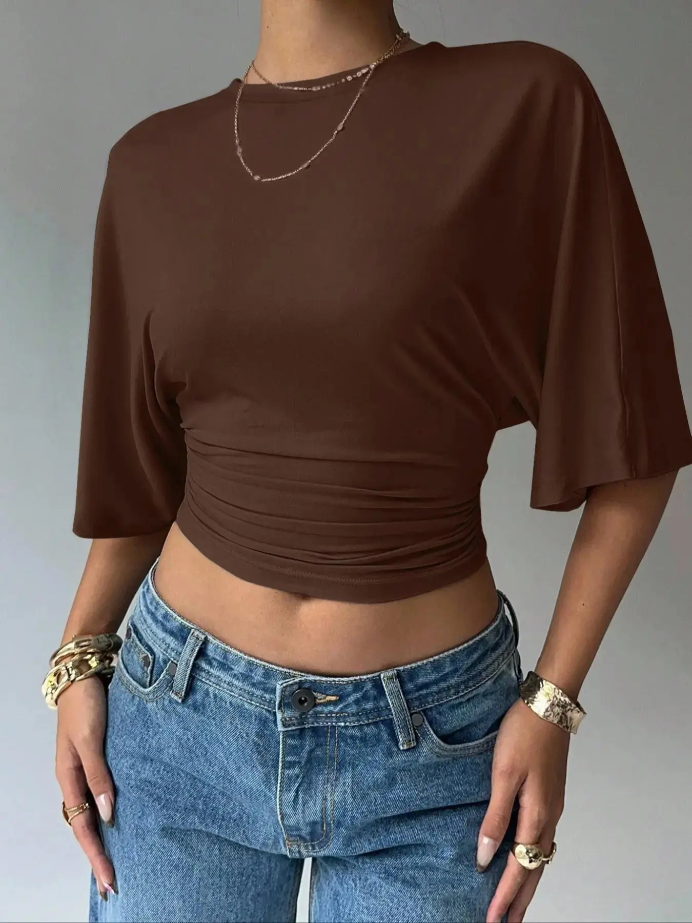 Women's Summer Basic, Simple Stylish Casual Batwing Sleeve Ruched Short Top T-shirt, Relaxed Hem Soft Elastic T-shirt, Trendy Y2K Stretchy Knitted Crew Neck Top, Womenswear