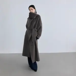 Qianlai Winter New Cashmere Coat Camel Wool Long Design Lace-Up Neck Scarf Double-Sided Wool Coat for Autumn Casual Minimalist Style
