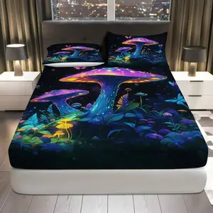 3Pcs Fantasy Glowing Mushroom Forest Fitted Sheet Three Piece Set (1*Fitted Sheet+2*Pillowcases, Coreless), Magic Theme, Enchanted Nature Bedding Set, Mattress Protector Soft, Breathable