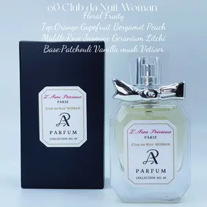 No.60 CLUB DE NUIT WOMAN Floral Fruity Top:Orange Gapefruit Bergamot Peach Middle:Rose Jasmine Geranium Litchi Base:Patchouli Vanilla Mu-sk Vetiver Size: 30ML 1oz L’Aura Précieuse Women Long Lasting Oil Base Fragrance Parfume