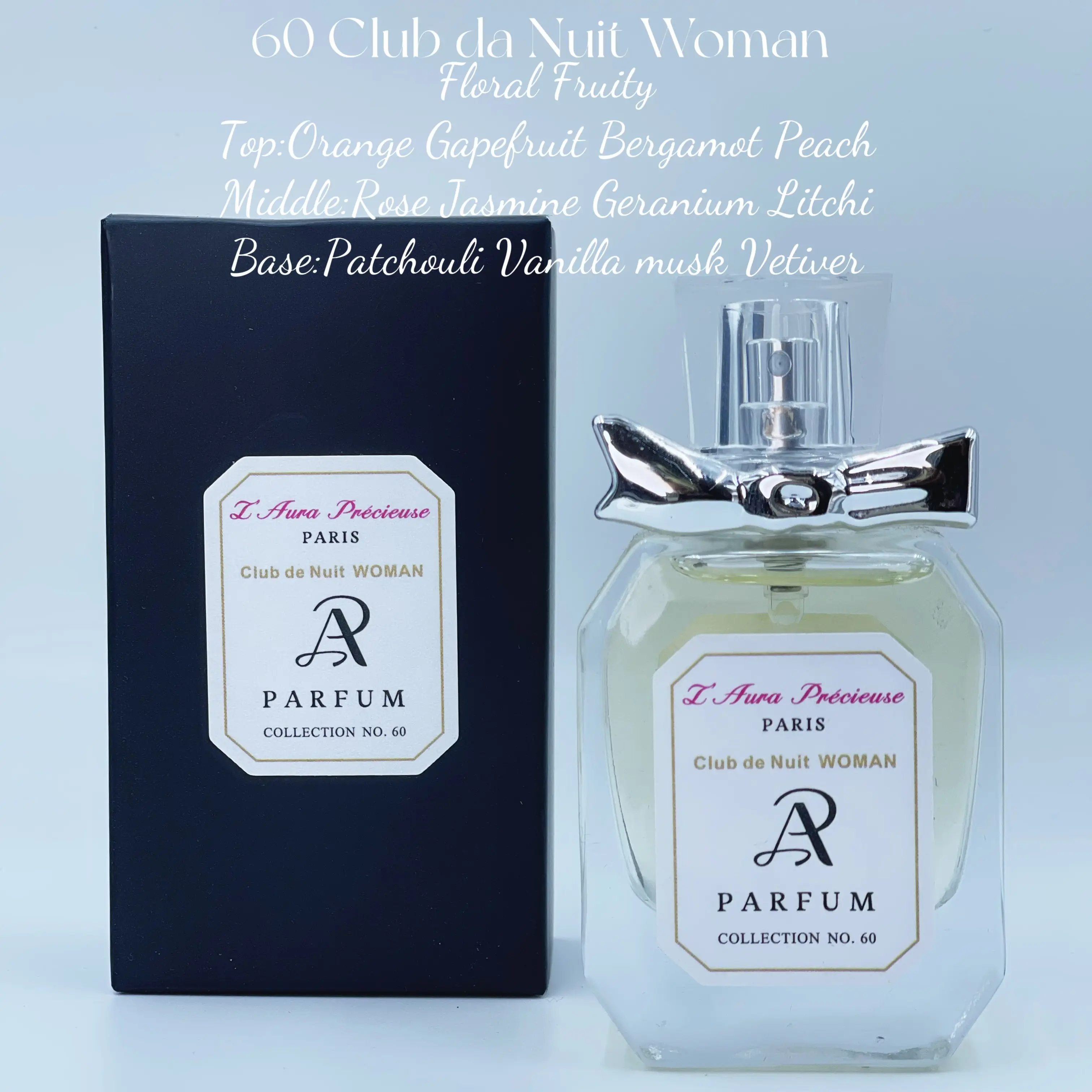 No.60 CLUB DE NUIT WOMAN Floral Fruity Top:Orange Gapefruit Bergamot Peach Middle:Rose Jasmine Geranium Litchi Base:Patchouli Vanilla Mu-sk Vetiver Size: 30ML 1oz L’Aura Précieuse Women Long Lasting Oil Base Fragrance Parfume