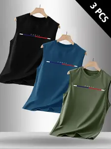 Summer Men's Casual Sleeveless Activewear Vest, Workout Vest, Letter Print Design, Outdoor Sports & Daily Wear, Pack of 3 Versatile Pieces