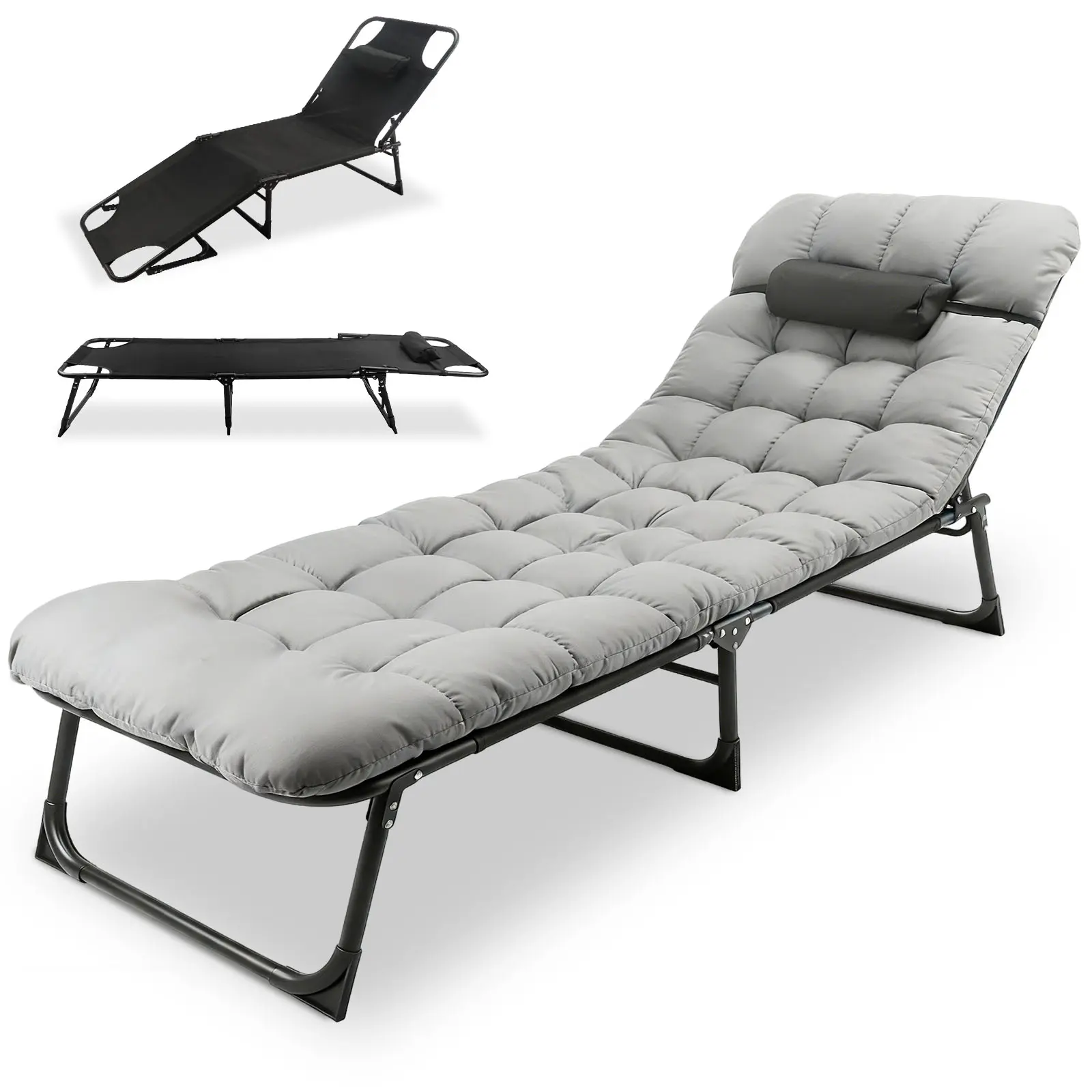 Foldable Camping Cots for Adults, Adjustable 3-Position Adults Reclining Folding Chaise, Outdoor Portable Folding Lounge Chair Sleeping Cots Bed with Pillow Mattress for Camping, Pool