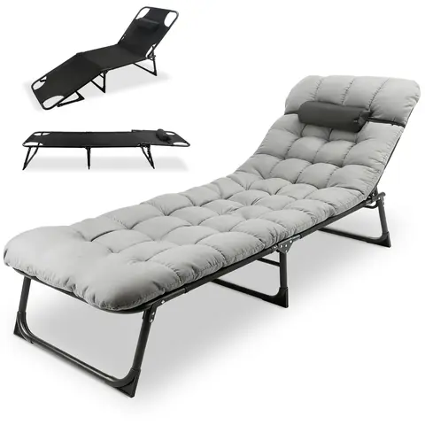 Foldable Camping Cots for Adults, Adjustable 3-Position Adults Reclining Folding Chaise, Outdoor Portable Folding Lounge Chair Sleeping Cots Bed with Pillow Mattress for Camping, Pool