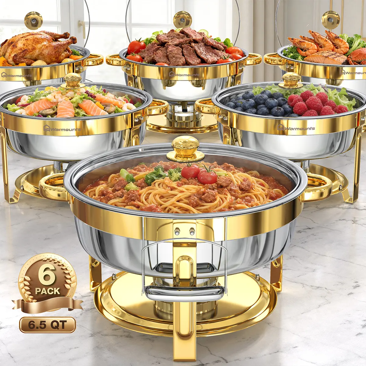 【Home Essentials】WARMOUNTS 6.5QT Gold Round Stainless Steel Buffet Server Warmer Chafing Dishes for Buffet Setup - Mirror Polish, Roll Edge, Stackable, Glass Lid, Lid Holder, Large Deep Casserole (2/4/6 Multiple Packs)