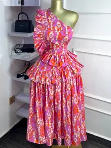 PILKRITU Elegant Feminine Slim Women's Sleeveless One-Shoulder Ruffle Print Dress, Mid-Length Floor-Length, Fashion Street Sexy  Birthday Party Evening Trendy Dresses