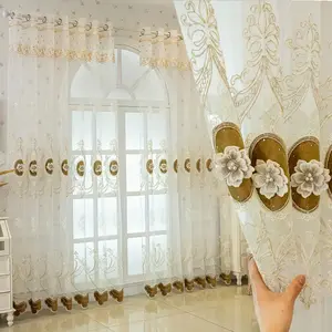 1 count European Style Floral Beaded Embroidered Curtain, Window Curtain, Elegant Drapes for Living Room Bedroom Balcony Home Office Decoration