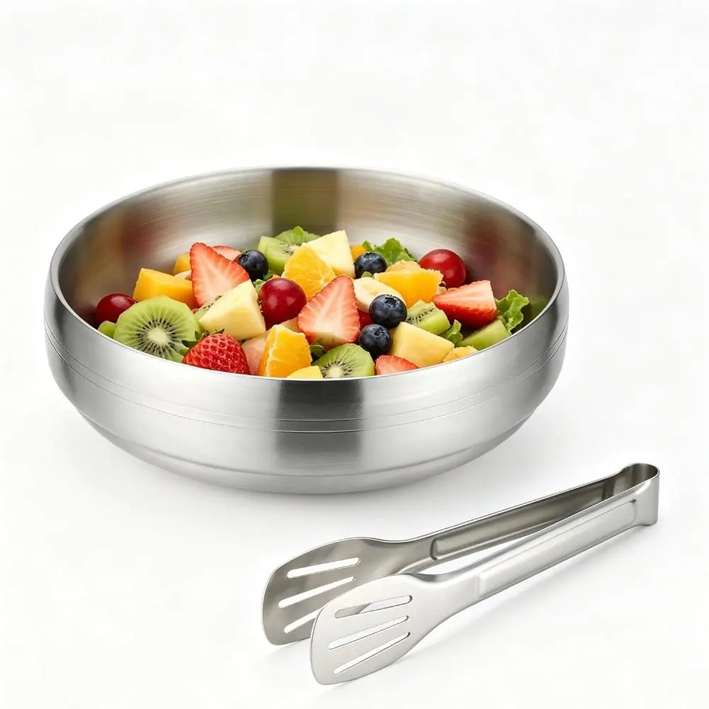 SANQIAHOME 60oz/9.1" Quality Stainless Steel Salad Bowl with Tongs– Double-walled Anti-scald, Dishwasher Safe, Large Serving Bowl for Family & Parties Silver, Large-Capacity Soup Bowl