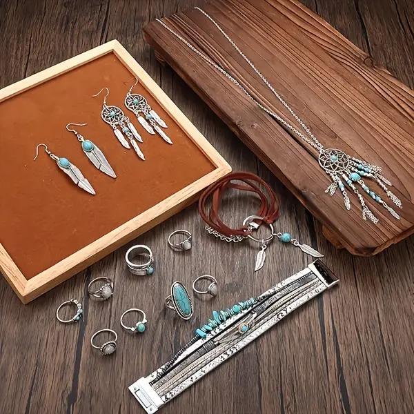 13 Bohemian Western Style Synthetic Turquoise Necklaces, Earrings, Bracelets, And Ring Sets For Women'S Daily Vacations, Party Wear, Jewelry, Holiday Gifts