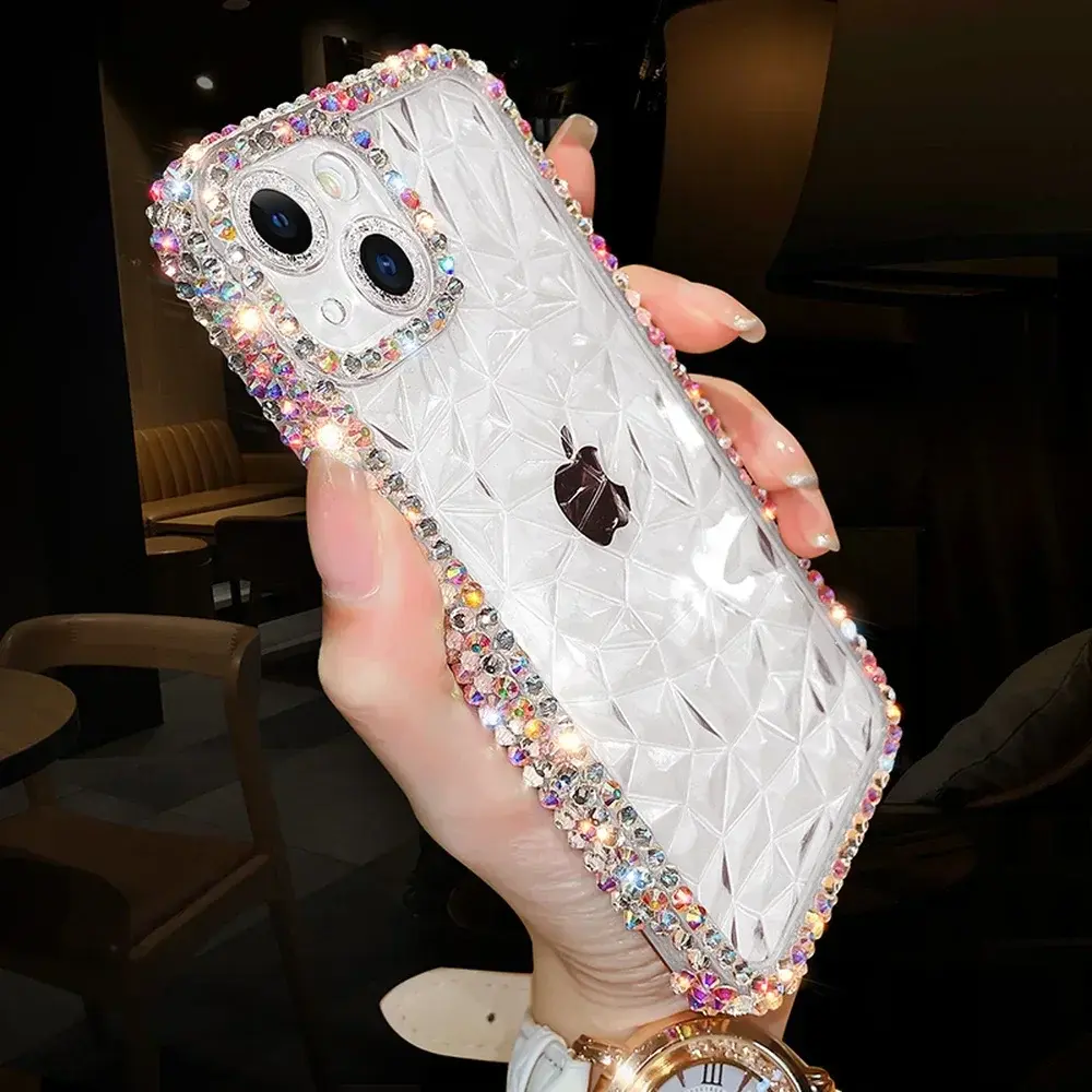 Glitter Diamond Transparent Case for iPhone 17 16 15 14 13 Pro Max Plus Bling Rhinestone Water Ripple Soft Cover