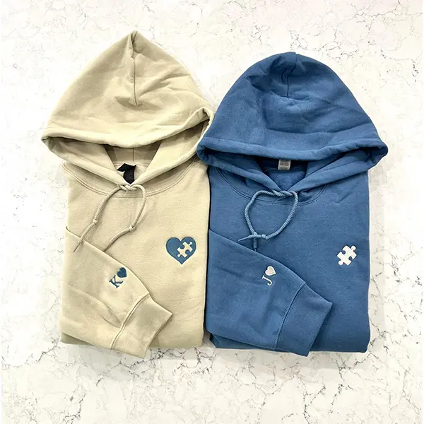 Custom Embroidered Couple Hoodie, Embroidered Heart and Puzzle Piece Couples Hoodie, Initial With Heart On Sleeve, Anniversary Year, Valentines Day Gift