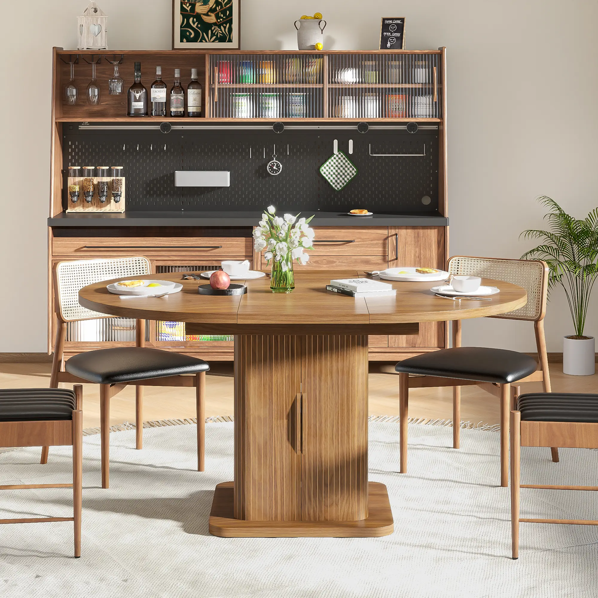 59-in Elegant Modern Extendable Black Round-Oval Dining Table - Indoor Furniture with Storage Base, Fluted Wood Slide Door, Necessary Hardware, Assembly Required, Coffee Bar Table for 4-6-8 People (Farmhouse Kitchen Use), Dining Tables