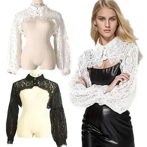 Women's Detachable Half Shirt Collar Jacket, Long Sleeve, Elegant Lace Button Front, Multi-Layer Decorative, Fashion Accessory