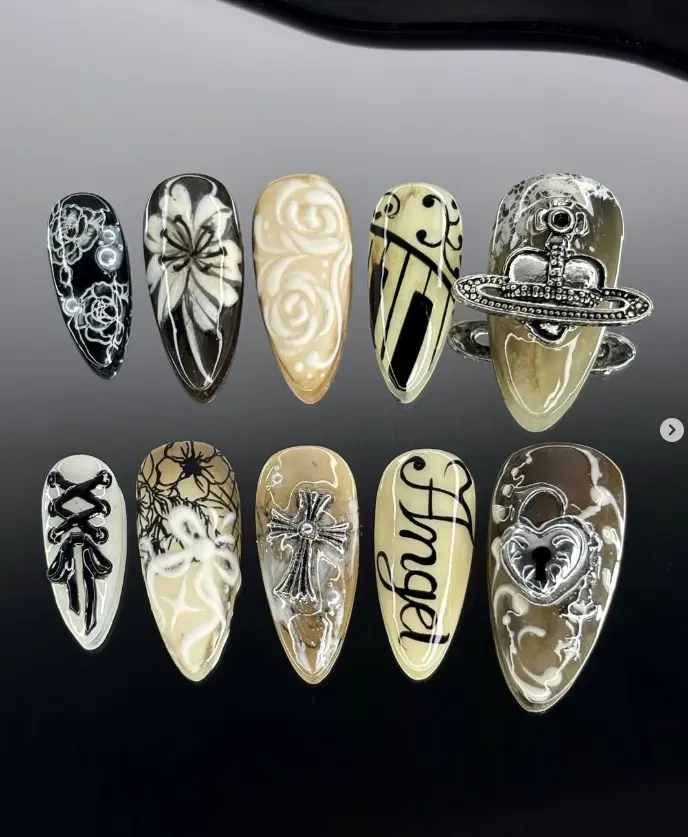 Gothic Angel Nails – 3D Cross, Heart Lock, Lace & Vivienne Orb Charm Art in Monochrome Beige & Black Tones, Elegant Punk Style