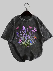 Butterfly Print Loose Round Neck Fashion T-shirt | Comfortable, Versatile, Trendy, Pure, Washed, Suitable for Both Men and Women, Half Sleeve, Crew Ne