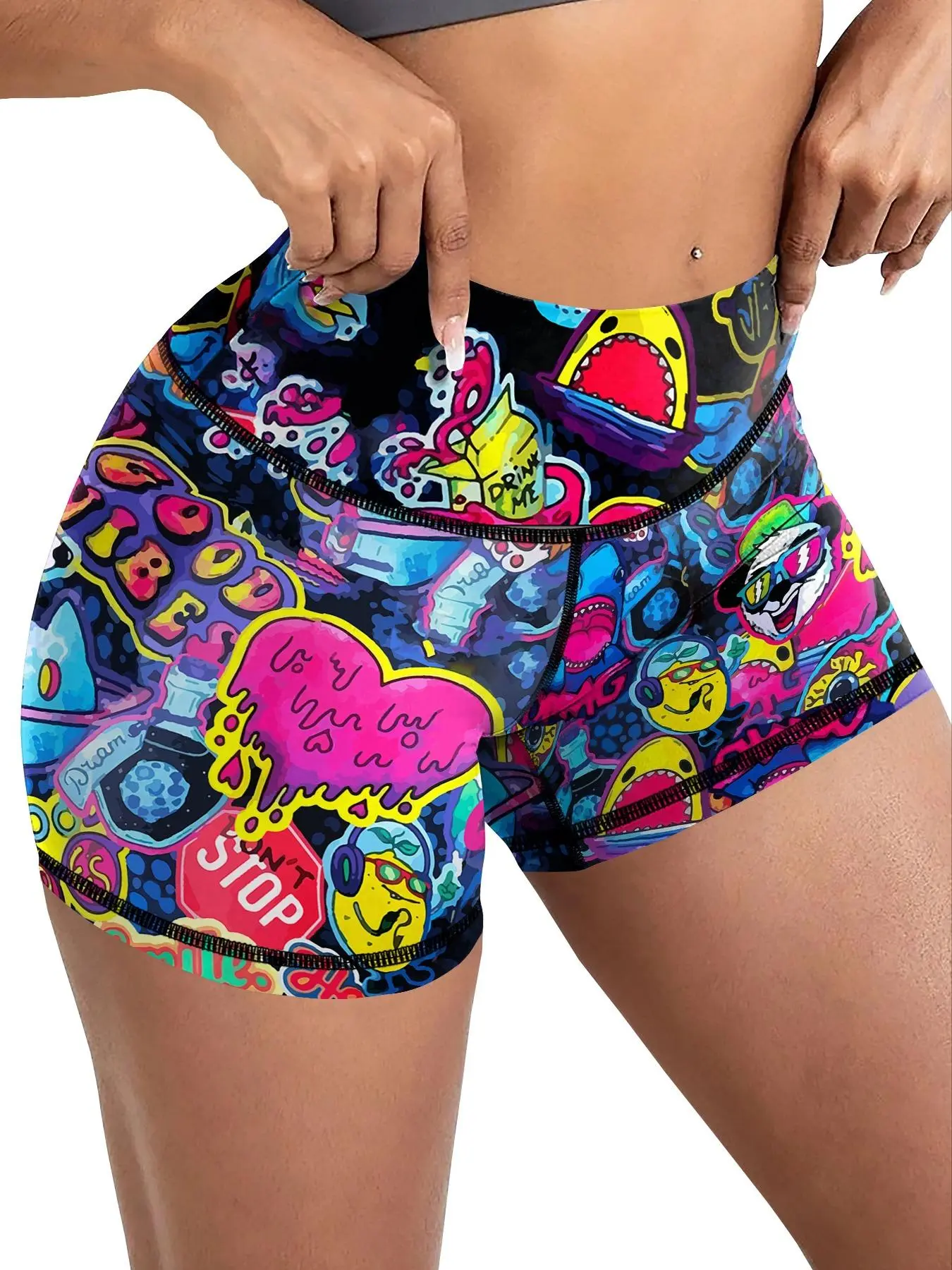 Women's Cartoon Print High Waist Shorts, Casual Comfy Breathable Skinny Shorts for Yoga Gym Workout Running, Ladies Bottoms for All Seasons, Fitness Beach Shorts, Casual Fitted Shorts, Breathable Sport Shorts, High Waisted Short