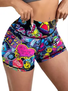 Women's Cartoon Print High Waist Shorts, Casual Comfy Breathable Skinny Shorts for Yoga Gym Workout Running, Ladies Bottoms for All Seasons, Fitness Beach Shorts, Casual Fitted Shorts