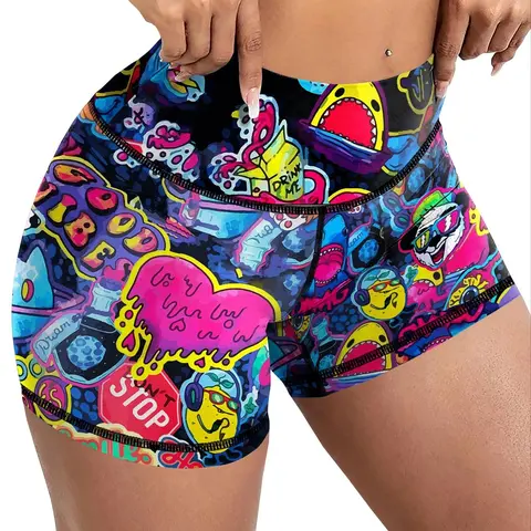 Women's Cartoon Print High Waist Shorts, Casual Comfy Breathable Skinny Shorts for Yoga Gym Workout Running, Ladies Bottoms for All Seasons, Fitness Beach Shorts, Casual Fitted Shorts, Breathable Sport Shorts, High Waisted Short