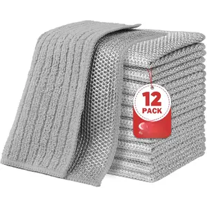 Multipurpose Wire Dishwashing Rag 12 count, Upgraded Double-Layer Non-Scratch Wire Dish Cleaning Cloths,  Steel Scrubber for Kitchen,  Dishcloth Rag for Cookware, Grey, 7"x8"