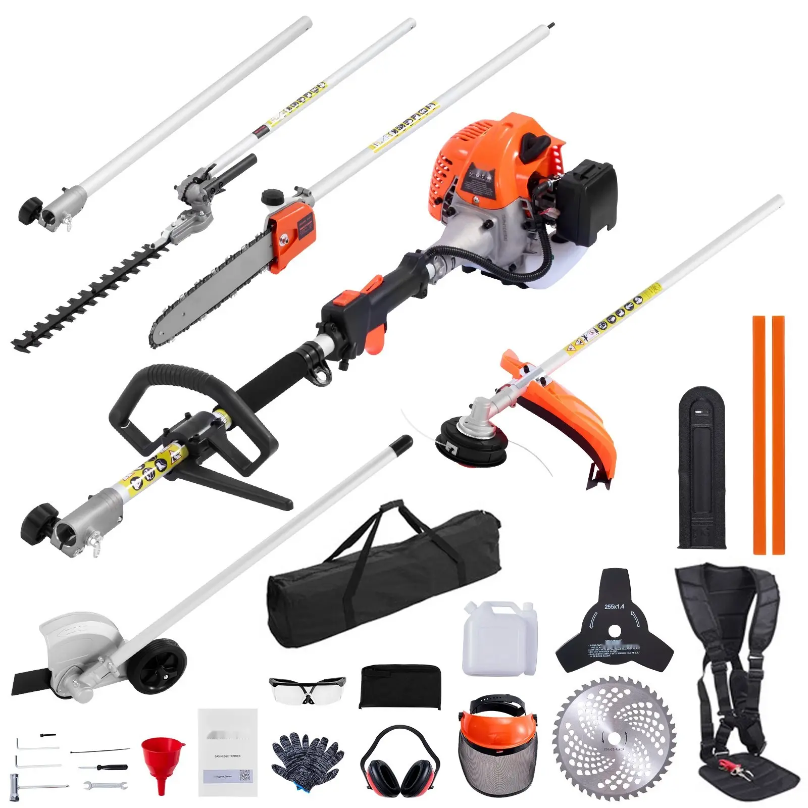 Gas Hedge Trimmer And Garden Combo Tool Set, 2-Cycle Gas-Powered Handheld Trimmer, 6-In-1 26cc Weed Eater With Extension Pole, Protective Gear Set, Includes Hedge Trimmer, String Trimmer, Brush Cutter (3T & 40T), Edger, Pole Saw