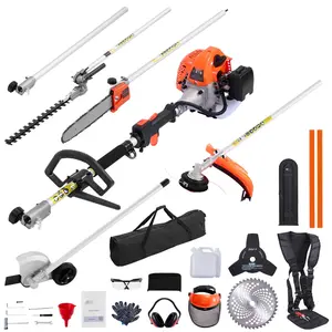 Gas Hedge Trimmer And Garden Combo Tool Set, 2-Cycle Gas-Powered Handheld Trimmer, 6-In-1 26cc Weed Eater With Extension Pole, Protective Gear Set, Includes Hedge Trimmer, String Trimmer, Brush Cutter (3T & 40T), Edger, Pole Saw