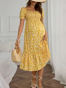 Maternity Ditsy Floral Print Casual Dress - Vacation Perfect Flowy Maxi Dress for Moms