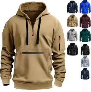 Men's Fleece Hoodie Casual Long Sleeve 1/4 Zipper Pullover Vintage Workout Hoodies Military Tactical Sweatshirt