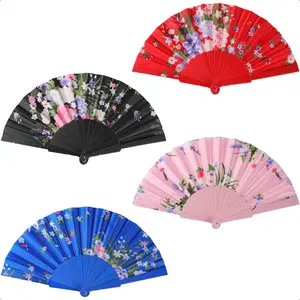 4 Pcs Oriental Flowers Japanese Folding Hand Fans Spanish Church Wedding Vintage Gift Party Favors DIY Decoration retro Gift Size 8 1 4" Wholesale 4pack