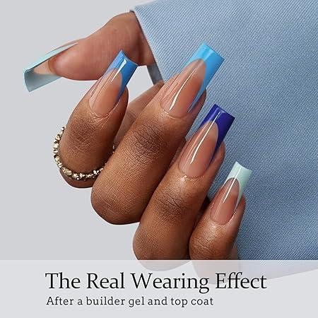 BTArtboxnails XCOATTIPS French Tip Press On Nails - Blue Short Square Fake Nail Tips, 160Pcs Soak Off Soft Gel Acrylic Nail Extension in 16 Sizes