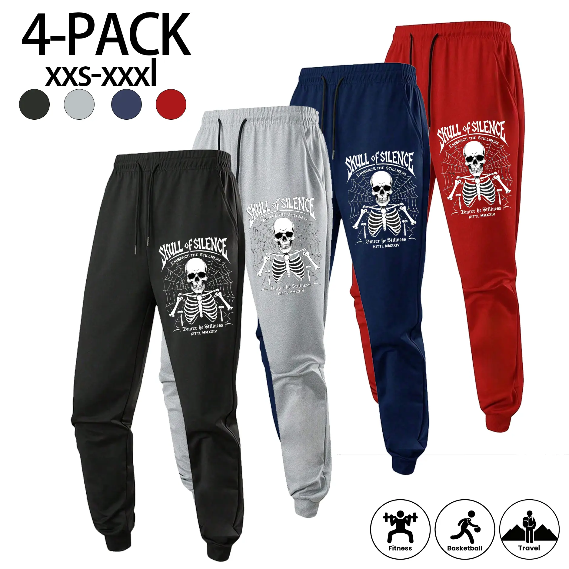 4 Pack Skull Of Silence Skeleton Spider Web Graphic Jogger Pants Trendy Street Style Sweatpants For Basketball Fitness Daily Outdoor Travel Training Daily Wear