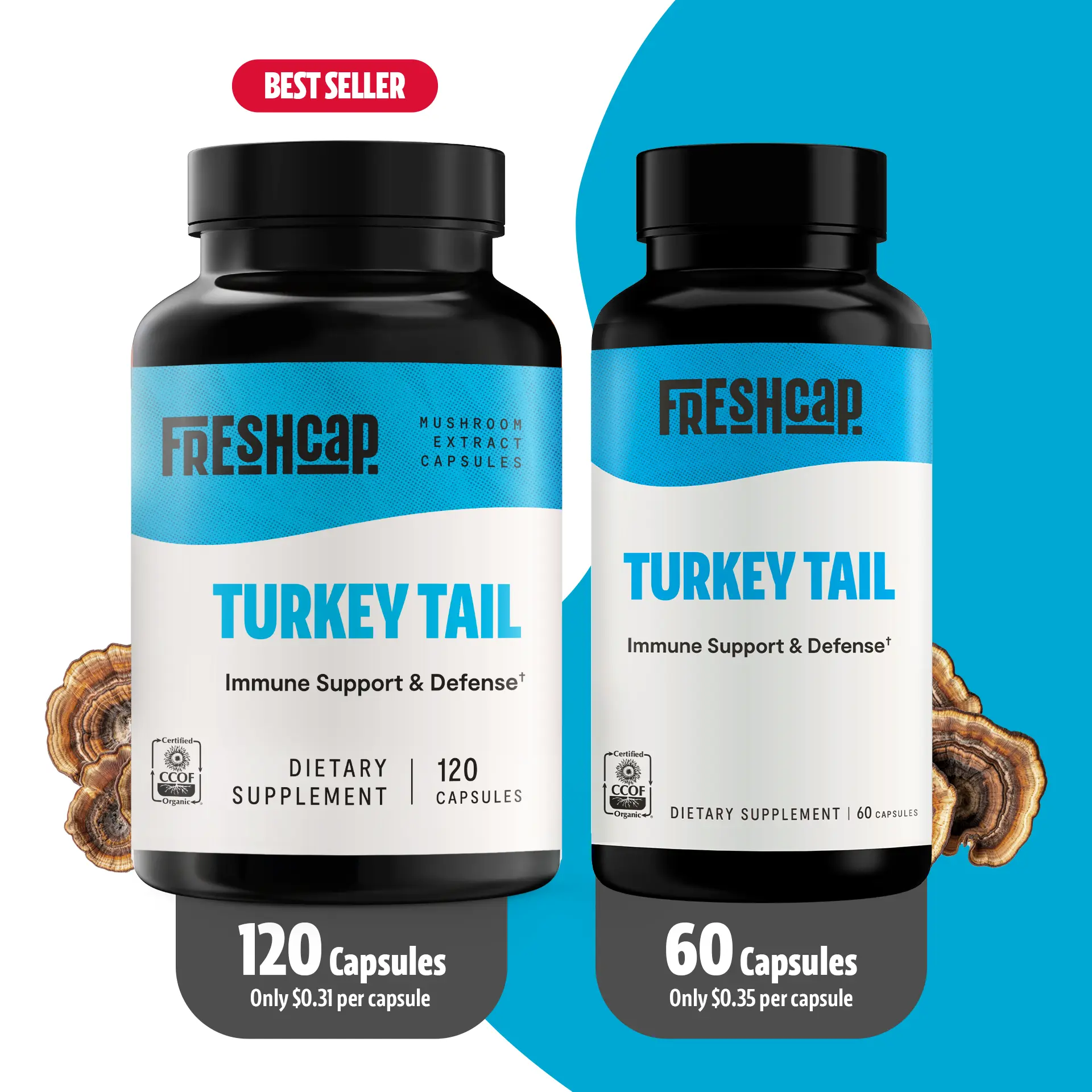 FreshCap Organic Turkey Tail Mushroom Supplement Capsules 10,000mg - Improves Immune Support to Boost your Health Natural Healthcare Vitamin Dietary Antioxidant Rich Supplement Edible