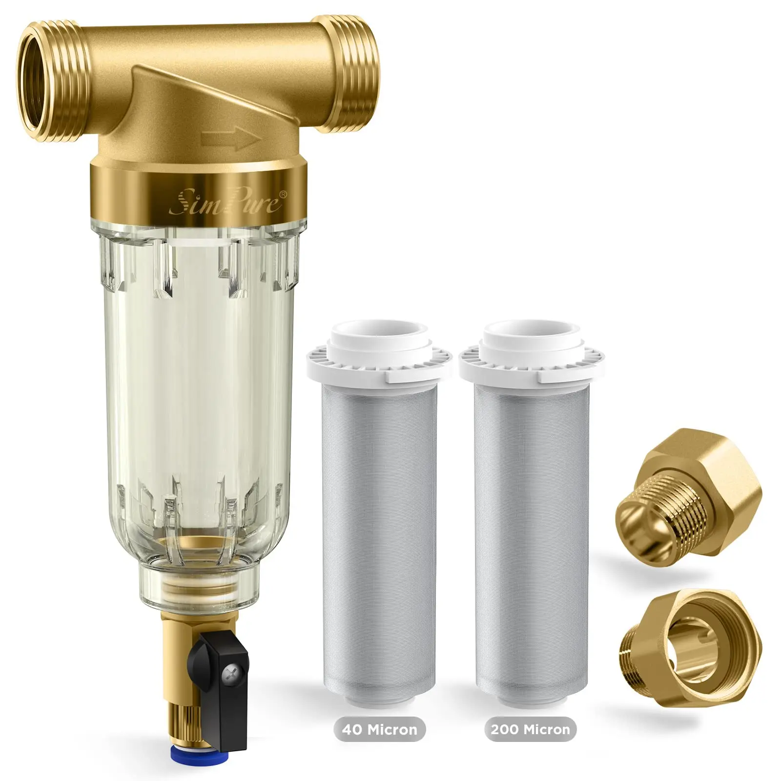 SimPure DC5P/S Reusable Whole House Home Water Filter Pre-Filtration System - 40/200 Micron Spin Down, Brass Valve, Burst Proof, SGS Certified, Removes Sediment & Debris for City/Well Water