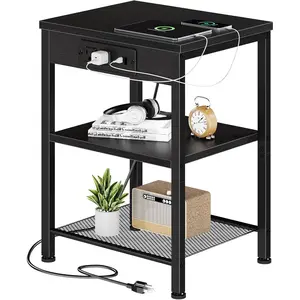 15" End Table with Charging Station, Small Side Table with Outlets & USB Ports, 3-Tier Adjustable Storage for Living Room, Bedroom, Small Spaces, Black/Rust Brown