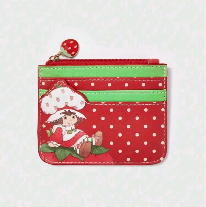 Strawberry Shortcake Cartoon Figure & Polka Print Cartoon  Zipper Card Case With Keychain, Small  Storage Pouch