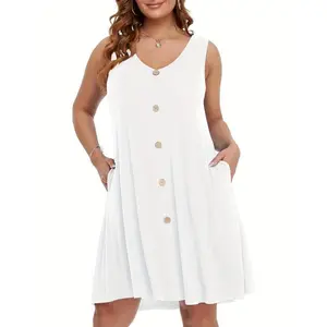 [Stretchy V-Neck Tank Dress] Stretchy Polyester Blend V-Neck Tank Dress with Pockets - Solid Color, Perfect for Beach & Summer, Women's Casual Blue Red